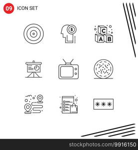 Set of 9 Vector Outlines on Grid for tv, business, alphabet, board, presentation Editable Vector Design Elements