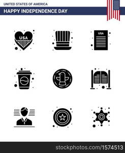 Set of 9 Vector Solid Glyphs on 4th July USA Independence Day such as celebration; american; declaration; soda; cola Editable USA Day Vector Design Elements