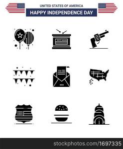 Set of 9 Vector Solid Glyphs on 4th July USA Independence Day such as greeting  email  gun  paper  festival Editable USA Day Vector Design Elements