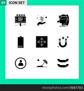 Set of 9 Vector Solid Glyphs on Grid for energy, electric, human, battery, virtual Editable Vector Design Elements