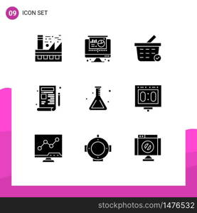 Set of 9 Vector Solid Glyphs on Grid for flask, school, buy, drawing, design Editable Vector Design Elements