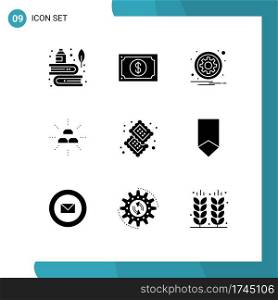 Set of 9 Vector Solid Glyphs on Grid for gold, bars, watch, options, sign Editable Vector Design Elements