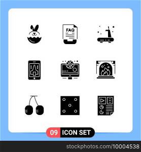 Set of 9 Vector Solid Glyphs on Grid for olympic, smartphone, exercise, mobile, game Editable Vector Design Elements