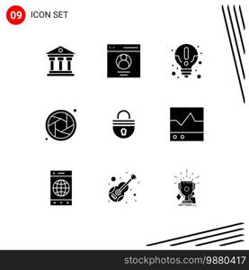 Set of 9 Vector Solid Glyphs on Grid for password, lock, about, shutter, camera Editable Vector Design Elements