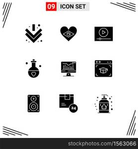 Set of 9 Vector Solid Glyphs on Grid for static, valentine, play, perfume, marriage Editable Vector Design Elements