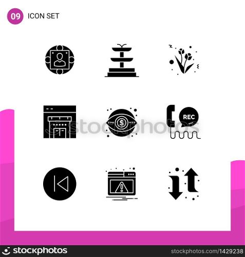 Set of 9 Vector Solid Glyphs on Grid for vision, marketing, present, finance, shopping Editable Vector Design Elements