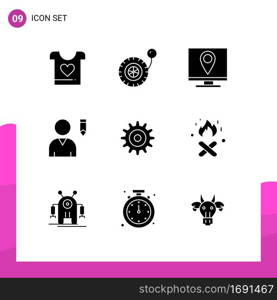 Set of 9 Vector Solid Glyphs on Grid for wheel, gear, contact, user, edit Editable Vector Design Elements