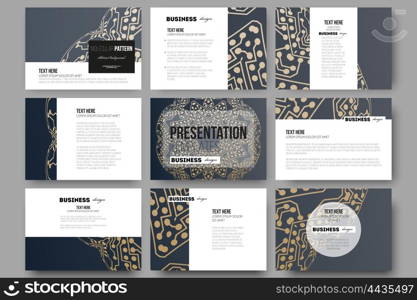 Set of 9 vector templates for presentation slides. Golden microchip pattern, abstract template with connecting dots and lines, connection structure. Digital scientific vector background.