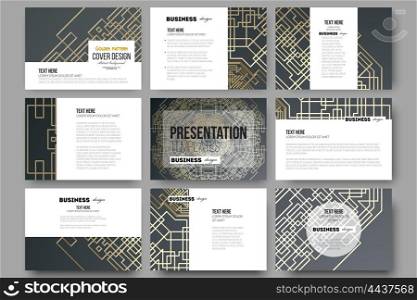 Set of 9 vector templates for presentation slides. Golden technology pattern on dark background with connecting lines and dots, connection structure. Digital scientific vector