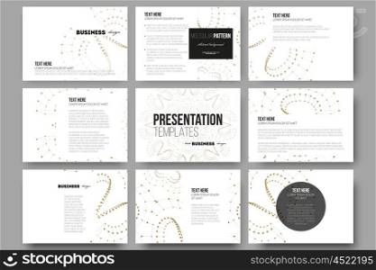 Set of 9 vector templates for presentation slides. Abstract polygonal low poly backdrop with connecting dots and lines, golden connection structure on white background. Digital or science vector