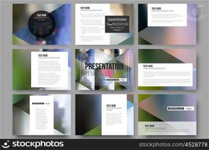 Set of 9 vector templates for presentation slides. Abstract multicolored background of blurred nature landscapes, geometric vector, triangular style illustration.