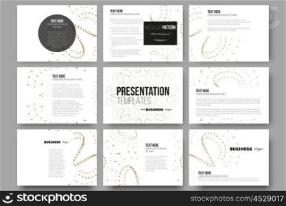 Set of 9 vector templates for presentation slides. Abstract polygonal low poly backdrop with connecting dots and lines, golden connection structure on white background. Digital or science vector