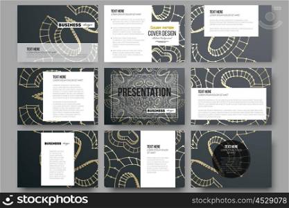 Set of 9 vector templates for presentation slides. Polygonal backdrop with golden connecting dots and lines, connection structure. Digital scientific background.