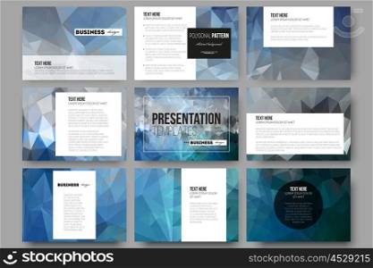 Set of 9 vector templates for presentation slides. Abstract blue polygonal background, colorful backdrop, modern stylish vector texture.