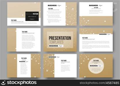 Set of 9 vector templates for presentation slides. Abstract polygonal low poly backdrop with connecting dots and lines, golden background, connection structure. Digital or science vector