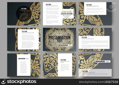 Set of 9 vector templates for presentation slides. Golden microchip pattern on dark background with connecting dots and lines, connection structure. Digital scientific vector