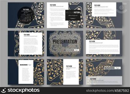 Set of 9 vector templates for presentation slides. Golden microchip pattern, abstract template with connecting dots and lines, connection structure. Digital scientific vector background.