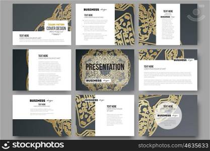 Set of 9 vector templates for presentation slides. Golden microchip pattern on dark background with connecting dots and lines, connection structure. Digital scientific vector