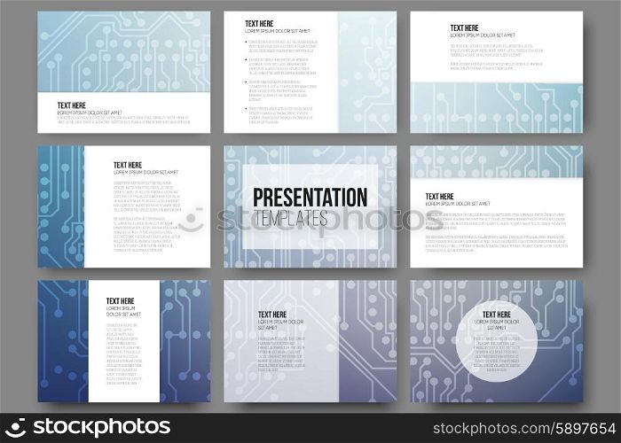 Set of 9 vector templates for presentation slides. Abstract microchip background, scientific electronic design, vector illustration.