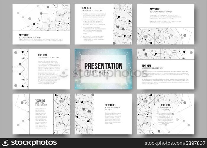 Set of 9 vector templates for presentation slides. Graphic design of molecule structure, blue scientific vector background.