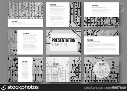 Set of 9 vector templates for presentation slides. Abstract microchip background, scientific electronic design, vector illustration.