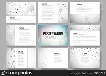 Set of 9 vector templates for presentation slides. Graphic design of molecule structure, dotted world globe. Gray scientific vector design.