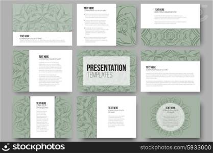 Set of 9 vector templates for presentation slides. Modern stylish geometric backgrounds, round ornamental vector shapes.