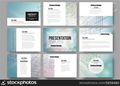 Set of 9 vector templates for presentation slides. Abstract vector background of digital technologies, cyber space.