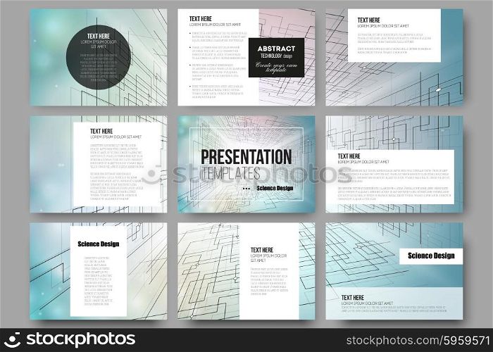 Set of 9 vector templates for presentation slides. Abstract vector background of digital technologies, cyber space.