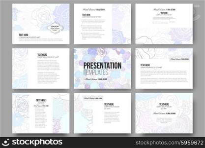 Set of 9 vector templates for presentation slides. Hand drawn floral doodle pattern, abstract vector background.