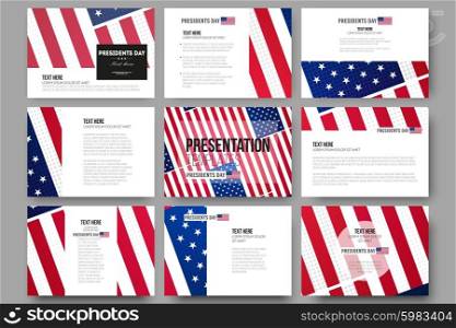 Set of 9 vector templates for presentation slides. Presidents day background, abstract poster with american flag, vector illustration