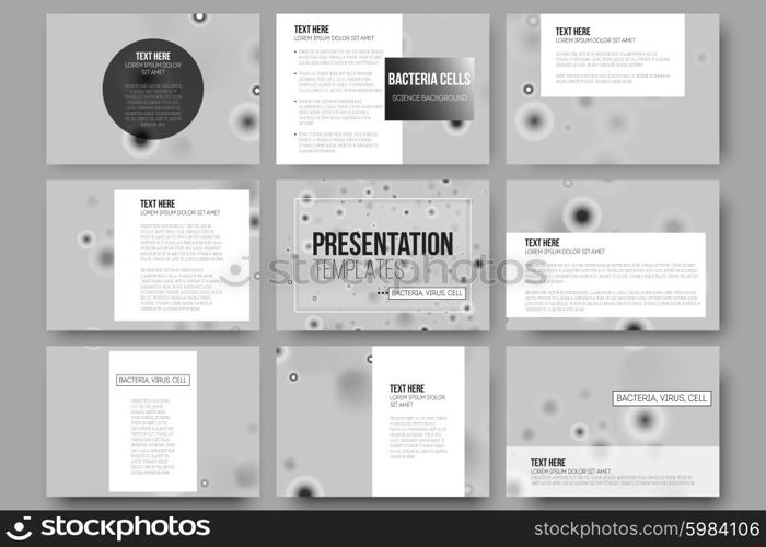 Set of 9 vector templates for presentation slides. Molecular research, illustration of cells in gray, science vector background.