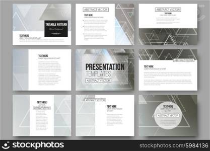 Set of 9 vector templates for presentation slides. Abstract blurred vector background with triangles, lines and dots.