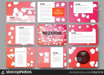 Set of 9 vector templates for presentation slides. White paper hearts, red vector background, Valentines day decoration.