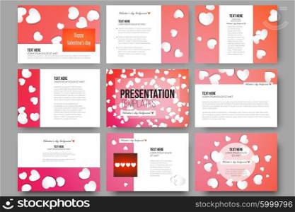 Set of 9 vector templates for presentation slides. White paper hearts, red vector background, Valentines day decoration.