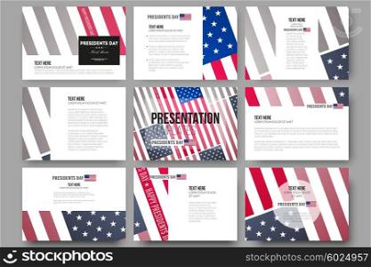 Set of 9 vector templates for presentation slides. Presidents day background with american flag, abstract vector illustration