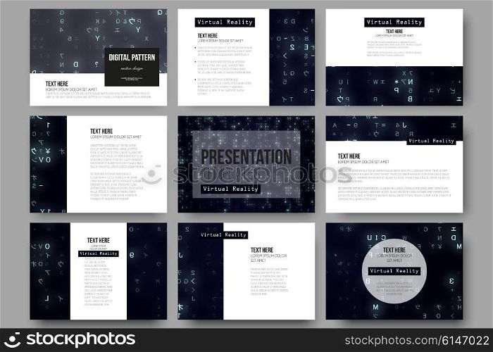 Set of 9 vector templates for presentation slides. Virtual reality, abstract technology background with blue symbols, vector illustration.