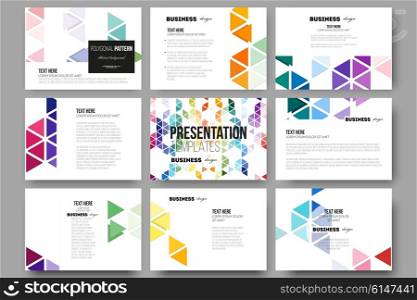 Set of 9 vector templates for presentation slides. Abstract colorful business background, modern stylish hexagonal and triangle vector texture