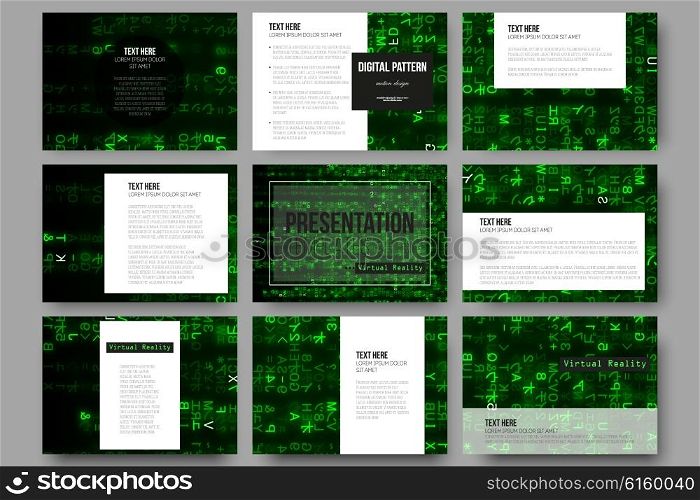 Set of 9 vector templates for presentation slides. Virtual reality, abstract technology background with green symbols, vector illustration.