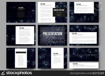 Set of 9 vector templates for presentation slides. Virtual reality, abstract technology background with blue symbols, vector illustration.