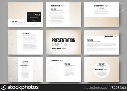 Set of 9 vector templates for presentation slides. Abstract polygonal low poly backdrop with connecting dots and lines, connection structure. Vector or digital science background.