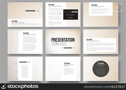 Set of 9 vector templates for presentation slides. Abstract polygonal low poly backdrop with connecting dots and lines, connection structure. Vector or digital science background