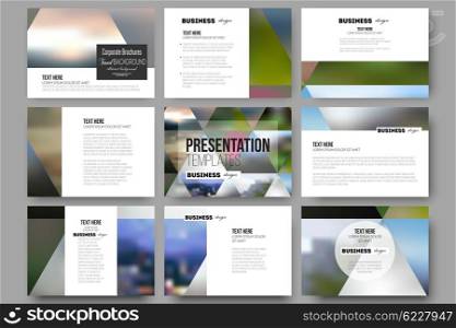 Set of 9 vector templates for presentation slides. Abstract multicolored background of blurred nature landscapes, geometric vector, triangular style illustration.