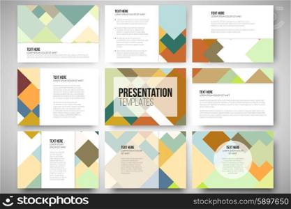 Set of 9 vector templates for presentation slides. Abstract colored background, square design vector illustration.