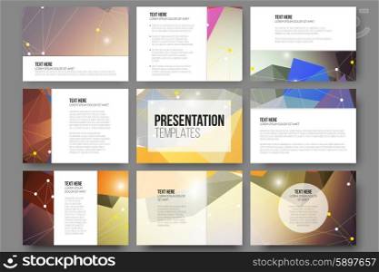 Set of 9 vector templates for presentation slides. Abstract colored background, triangle design vector illustration.