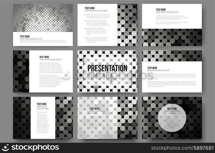 Set of 9 vector templates for presentation slides. Abstract silver dots background . Set of 9 vector templates for presentation slides. Abstract silver dots vector background.