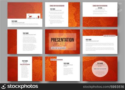 Set of 9 vector templates for presentation slides. Chinese new year background. Floral design with red monkeys, vector illustration