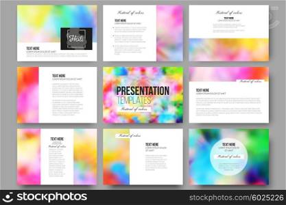 Set of 9 vector templates for presentation slides. Colorful background for Holi celebration, vector illustration.