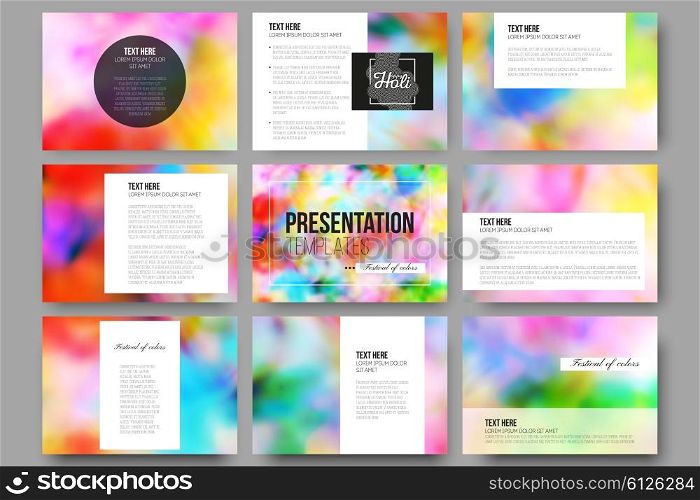 Set of 9 vector templates for presentation slides. Colorful background, Holi celebration, vector illustration