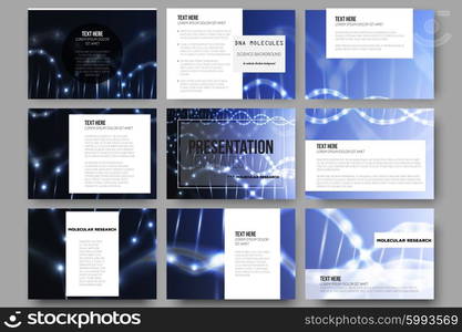 Set of 9 vector templates for presentation slides. DNA molecule structure on dark blue background. . Set of 9 vector templates for presentation slides. DNA molecule structure on dark blue background. Science vector background.